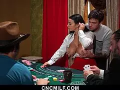 Hot croupier Payton Preslee lets guys freeuse her big tits while playing the game.