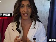 Aubry Babcock takes a hard pounding from her best friend in a wild doggystyle session. Creampie included!