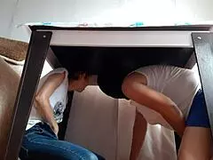 Lesbian girls hide under desk, masturbate to orgasm! Passionate homemade skirt play.