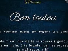 In this french femdom video, the mistress gives jerk off instructions to her good dog