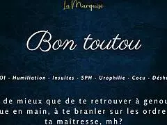 In this french femdom video, the mistress gives jerk off instructions to her good dog