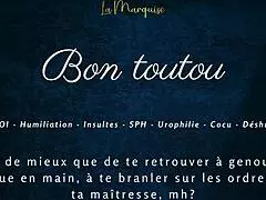 In this french femdom video, the mistress gives jerk off instructions to her good dog