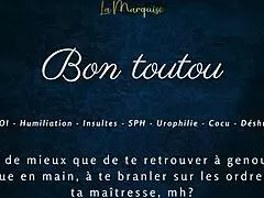 In this french femdom video, the mistress gives jerk off instructions to her good dog