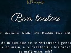 In this french femdom video, the mistress gives jerk off instructions to her good dog