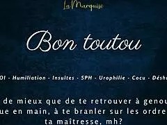 In this french femdom video, the mistress gives jerk off instructions to her good dog