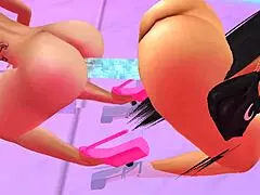 Two horny bimbos use double dong