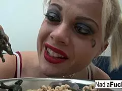 Hot nadia indulges in cereal with sexy soldiers, feeling the army vibe