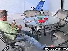 Blondie surprises her step-dad with a handjob on his monster cock