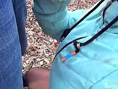 Married Wife in Tight Pantyhose Gets Fucked Outdoors with Cum Mouthful