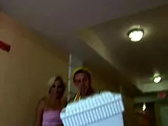 Blonde jenny lopez bends over in doggystyle for deepthroat blowjob and facial cumshot