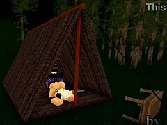 Hot camping tent scene with monster cock and big tits in Roblox-inspired sex