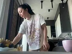 Sexy Fit Brunette Does Housework Without Panties