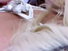 why is this busty blonde secretary bound for bdsm double penetration fucking as submissive slave??