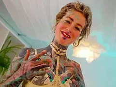 Hardcore stud DEEPTHROATS tattooed goth babe with PIERCING and shaved pussy