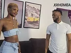 Pretty teen delivery girl wears mini skirt for sweet encounter.