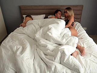 Blonde stepmom seduces me in a threesome with her horny milf girlfriend after waking up, sharing creampies and riding cock