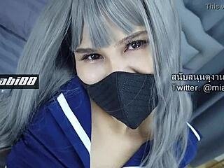 Thai police officer cosplays and rides big cock for creampie in office