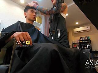 In the barber shop, sexy asian model licks and fucks her boyfriend's pussy