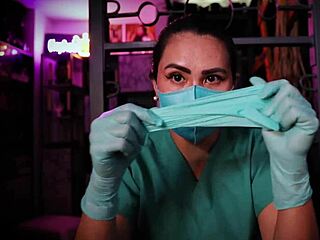 Masked nurse in latex gloves performs fetish roleplay on patient in hospital
