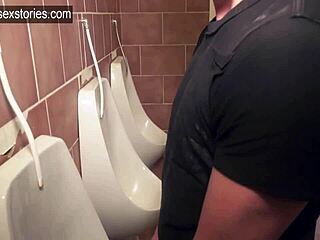 Horny bottom slut gets both holes stuffed with cock in a wild public toilet encounter.