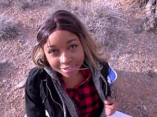 This cute ebony girlfriend gives her boyfriend sloppy head in the desert. Interracial POV blowjob outdoors.