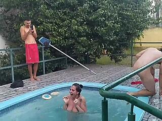 joy cardozo and friends strip naked in the pool for wild group sex