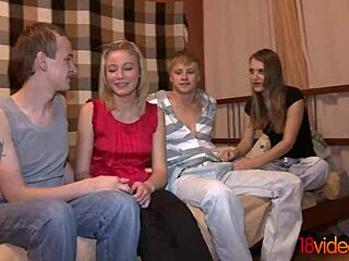 Angela and Maria compete in blowjob contest before cross-partner banging