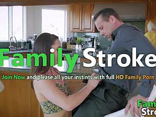 Teen brunette sucking stepdaddy's cock with natural tits exposed. FamilyStroke captures every oral detail.