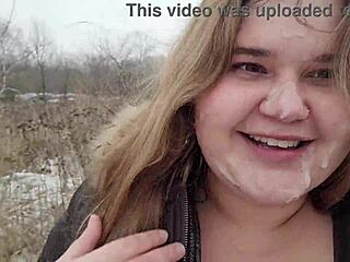 outdoor facial on chubby girl's beautiful face after blowjob