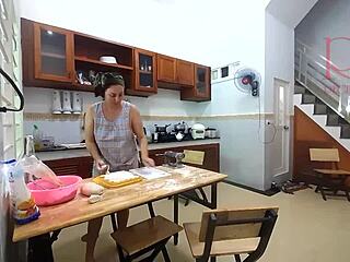 regina noir cooks naked at nudist hotel as maid. watch her ravioli prep in kitchen.