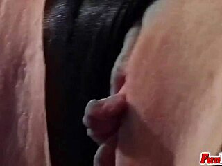 Stockinged Brunette Cutie Licks Bald Twat Before Rough Pounding