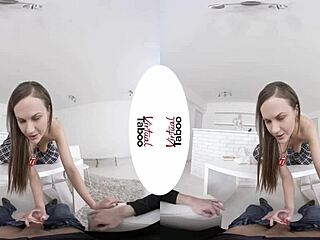 In a virtual taboo home lesson, two dicks teach pov handjob and blowjob skills to shaved brunette.