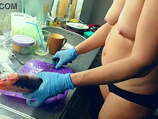 Naked Housewife Cooks Big Fish In Homemade Kitchen Video