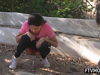 Two sexy American milfs pissing in public outdoors, lesbian amateurs having a blast.