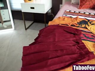 Horny step-daughter invites step-dad to bedroom on halloween 😈