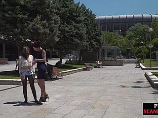 Babe in HEELS SUCKS TOES and BALLS PUBLICLY for VOYEURS