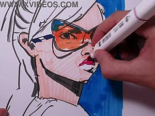 amateur artist sketches erotic portrait with copic markers