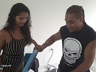 Brazilian BBW with big black cock assfucks crossdressing friend after beach