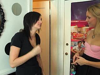 Tattooed chick seduces blondie with strap-on fuck