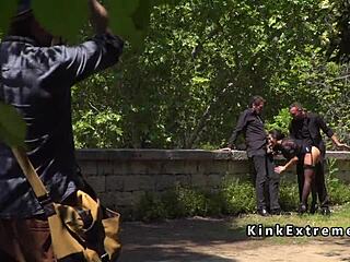 This spanish hottie is getting gangbanged in public