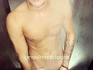 Brazilian twink masturbates in shower fully naked