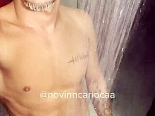 Brazilian twink masturbates in shower fully naked