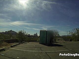Girl swallows cum in porta potty gloryhole on hiking trail