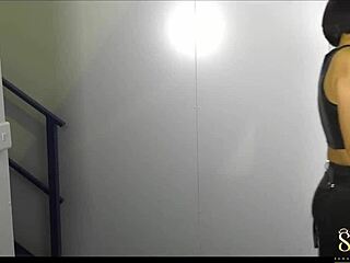 Sahara Knite endures cage strapon spanking.