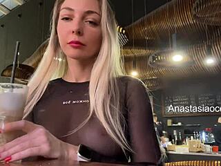 Sexy Blonde Flashes Big Natural Tits in Crowded Public Cafe for Thrills