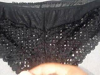 cumshot on black lace panties during masturbation with curvy friend