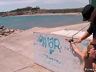 blonde bound in underwear outdoors