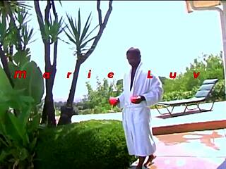 Marie Luv, the athletic tattooed babe, flaunts her natural tits and trimmed pussy in tight leggings