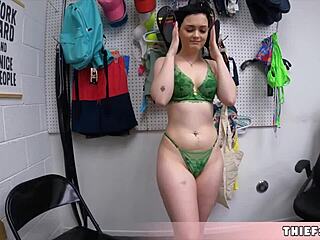 Clueless brunette teen shoplifter gets rough blowjob in secret back room