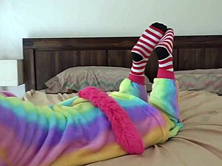 Striped socks critter in cosplay striptease